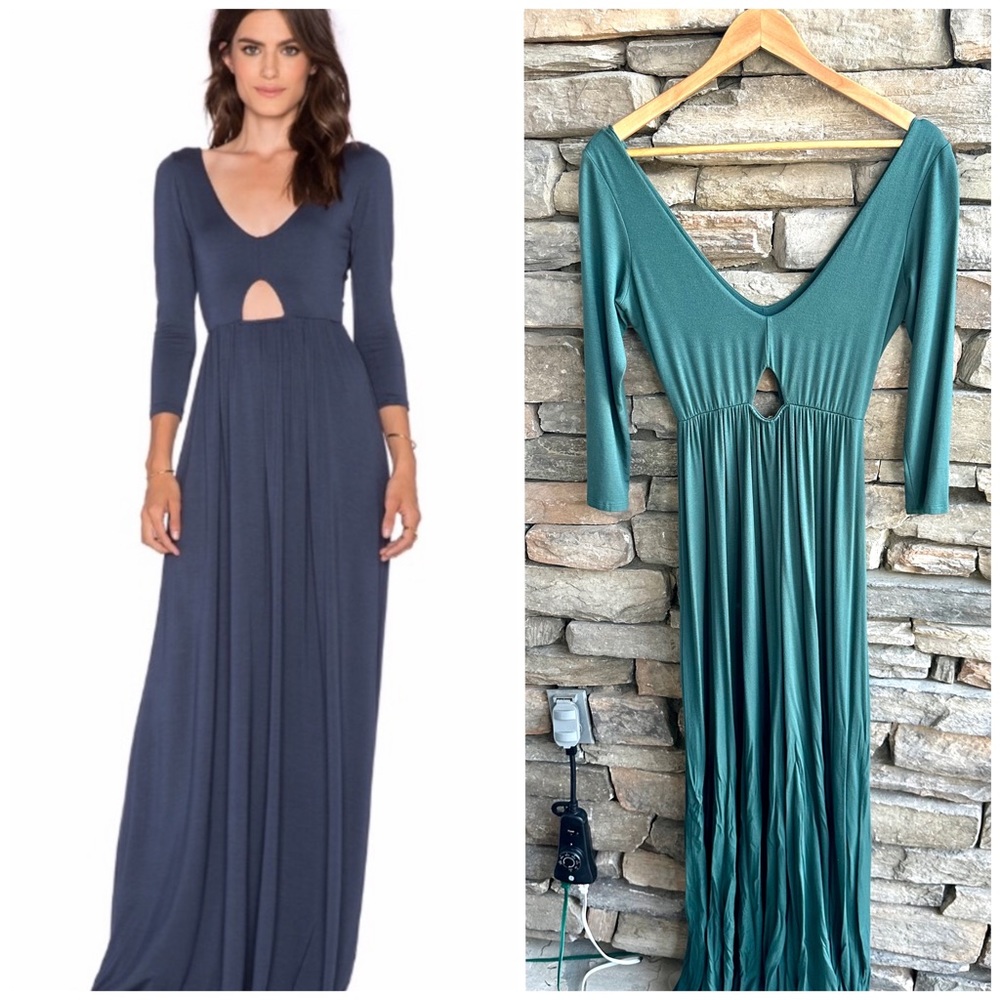 Rachel Polly Dakota Maxi Dress Green 3/4 Sleeve Stretchy V-Neck cutout long